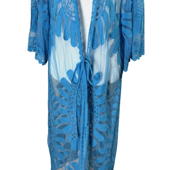 Rebellione Size M /L Long Blue Sheer Cover Up Kimono With Embroidered Floral - Picture 3 of 11